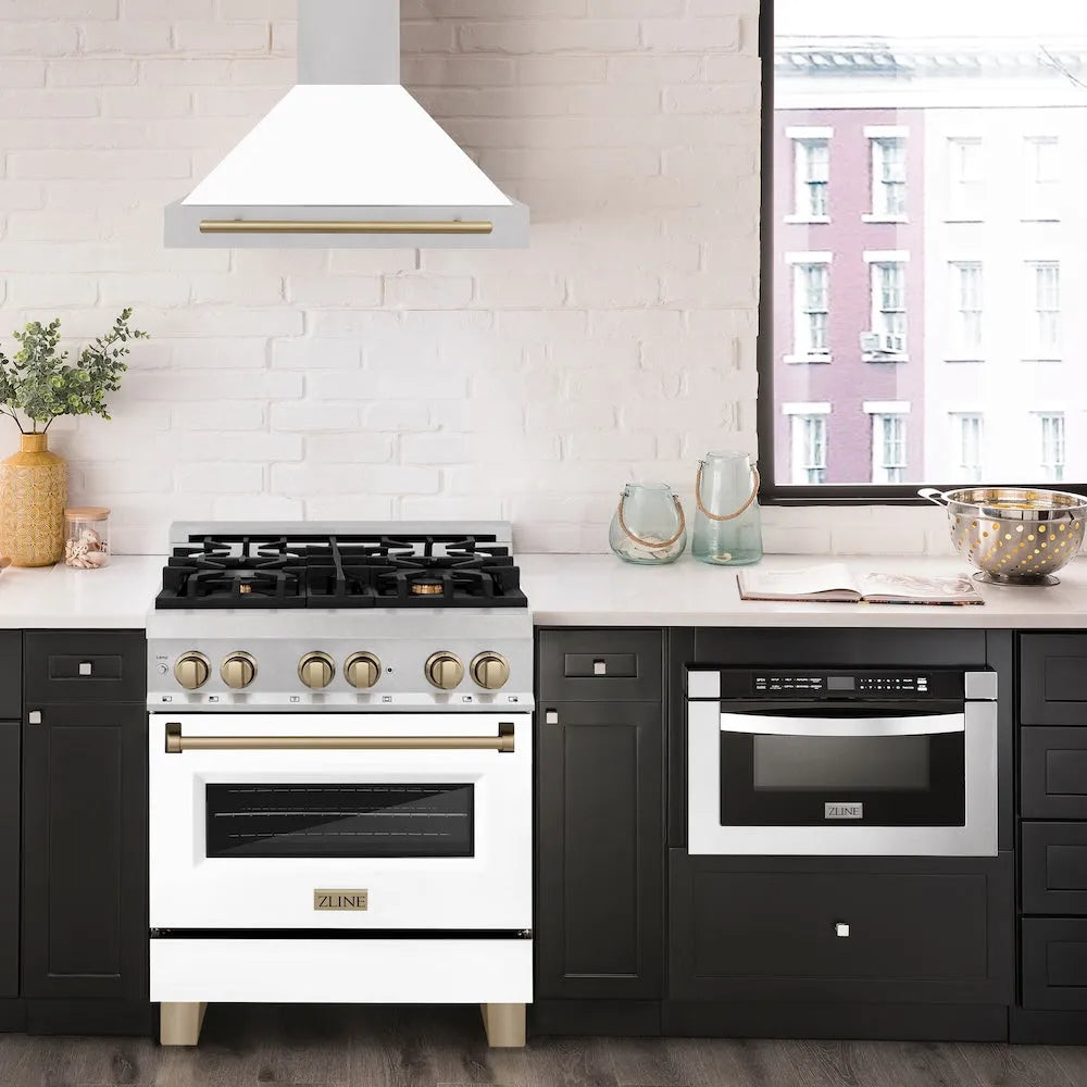 ZLINE Autograph Edition 30-inch range hood in satin stainless steel and champagne bronze accents KB4SNZ-WM30-CB, view 2