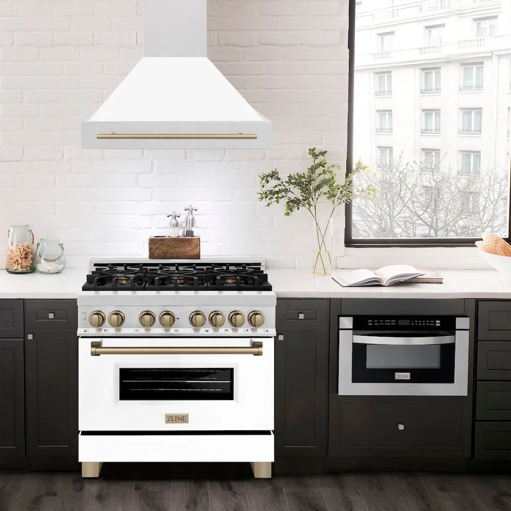 ZLINE Autograph Edition 36-inch range hood in satin stainless steel and champagne bronze accents 8654SNZ-WM36-CB, view 2