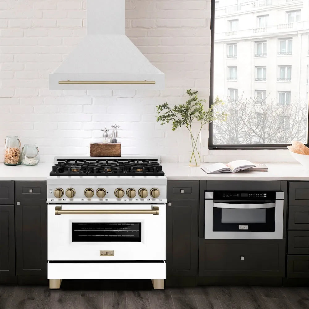 ZLINE Autograph Edition 36-inch range hood in satin stainless steel and champagne bronze accents 8654SNZ-36-CB, view 2