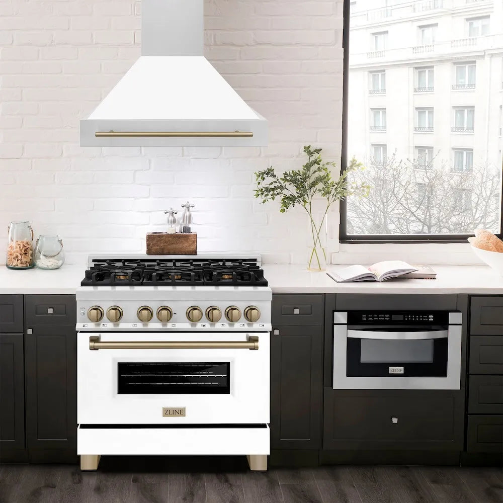 ZLINE Autograph Edition 36-inch range hood in white matte and champagne bronze accents 8654STZ-WM36-CB, view 2