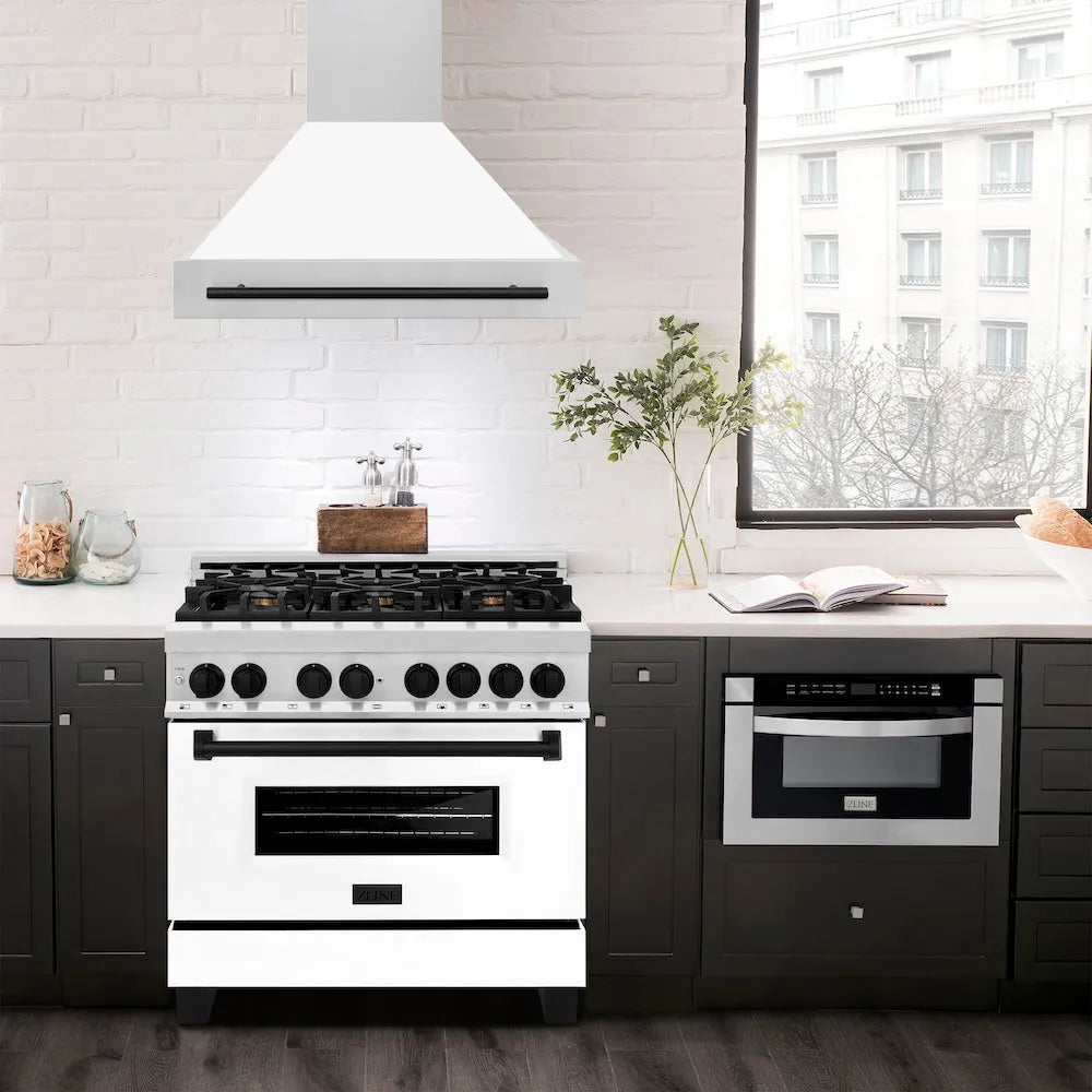 ZLINE Autograph Edition 36-inch range hood in white matte and matte black accents 8654STZ-WM36-MB, view 2