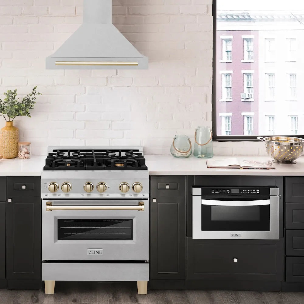 ZLINE Autograph Edition 30-inch range hood in satin stainless steel and polished gold accents KB4SNZ-30-G, view 2