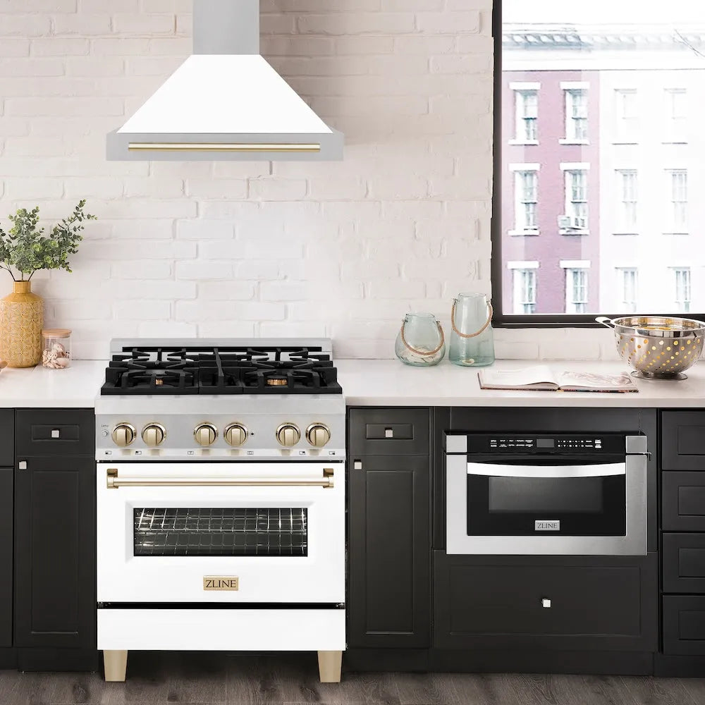 ZLINE Autograph Edition 30-inch range hood in satin stainless steel and polished gold accents KB4SNZ-WM30-G, view 2