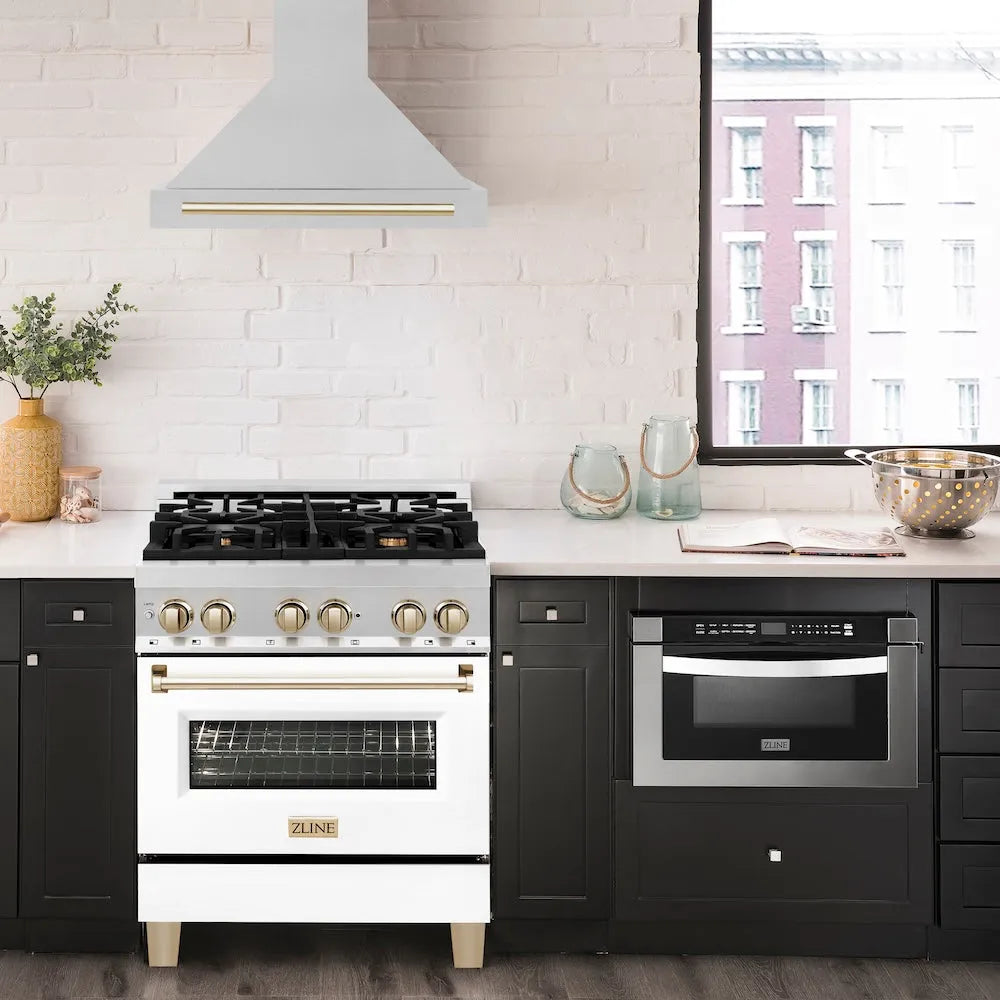 ZLINE Autograph Edition 30-inch range hood in stainless steel and polished gold accents KB4STZ-30-G, view 2
