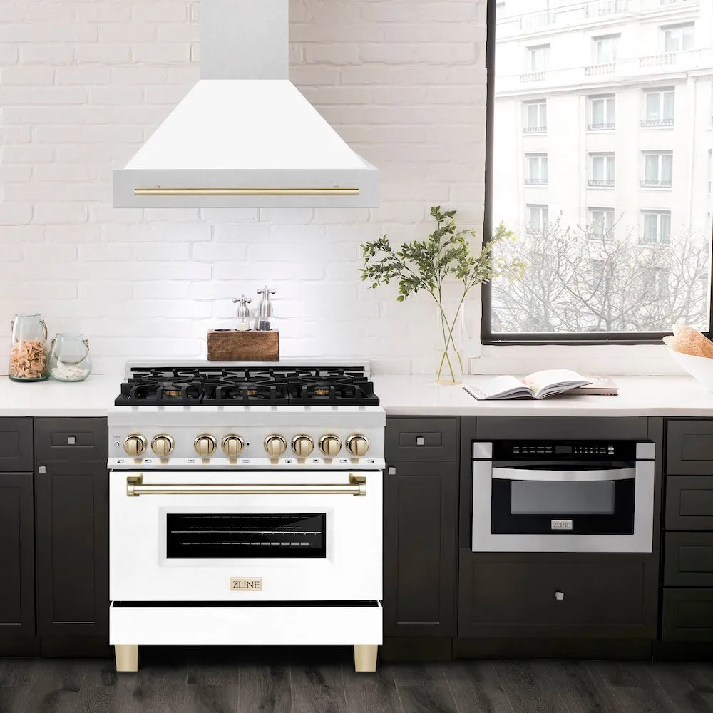 ZLINE Autograph Edition 36-inch range hood in satin stainless steel and polished gold accents 8654SNZ-WM36-G, view 2