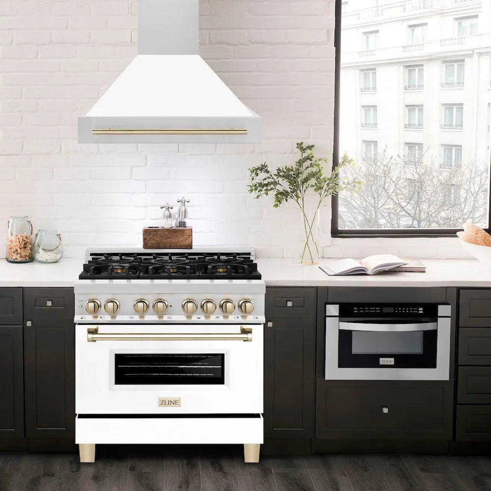 ZLINE Autograph Edition 36-inch range hood in white matte and polished gold accents 8654STZ-WM36-G, view 2