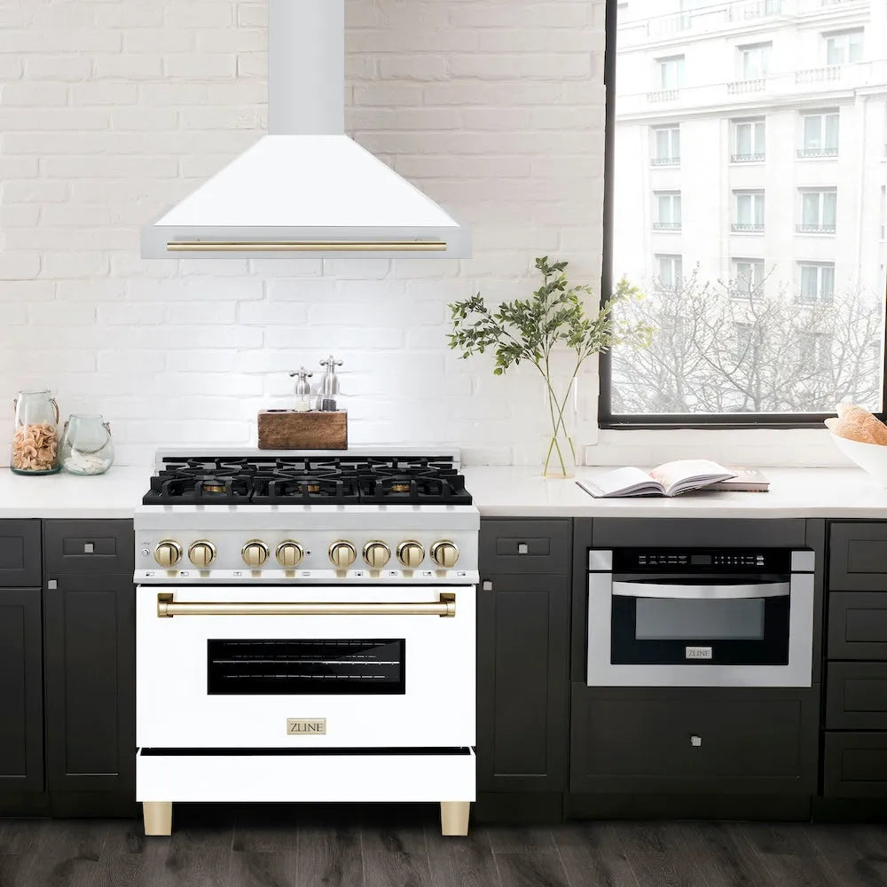 ZLINE Autograph Edition 36-inch range hood in white matte and polished gold accents KB4STZ-WM36-G, view 2