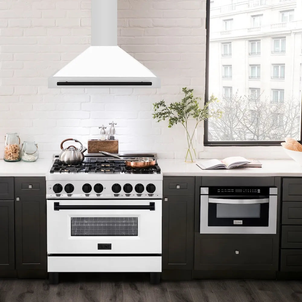 ZLINE Autograph Edition 36-inch range hood in white matte and matte black accents KB4STZ-WM36-MB, view 2