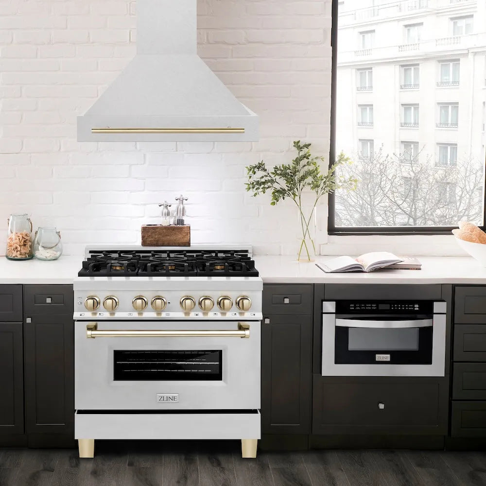 ZLINE Autograph Edition 36-inch range hood in satin stainless steel and polished gold accents 8654SNZ-36-G, view 2