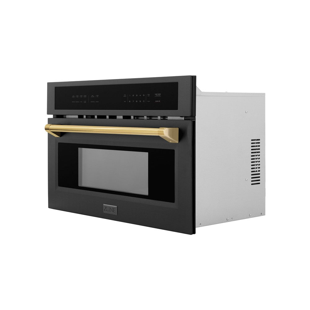 ZLINE Autograph Edition 30-inch microwave in black stainless steel and polished gold accents MWOZ-30-BS-G, view 5