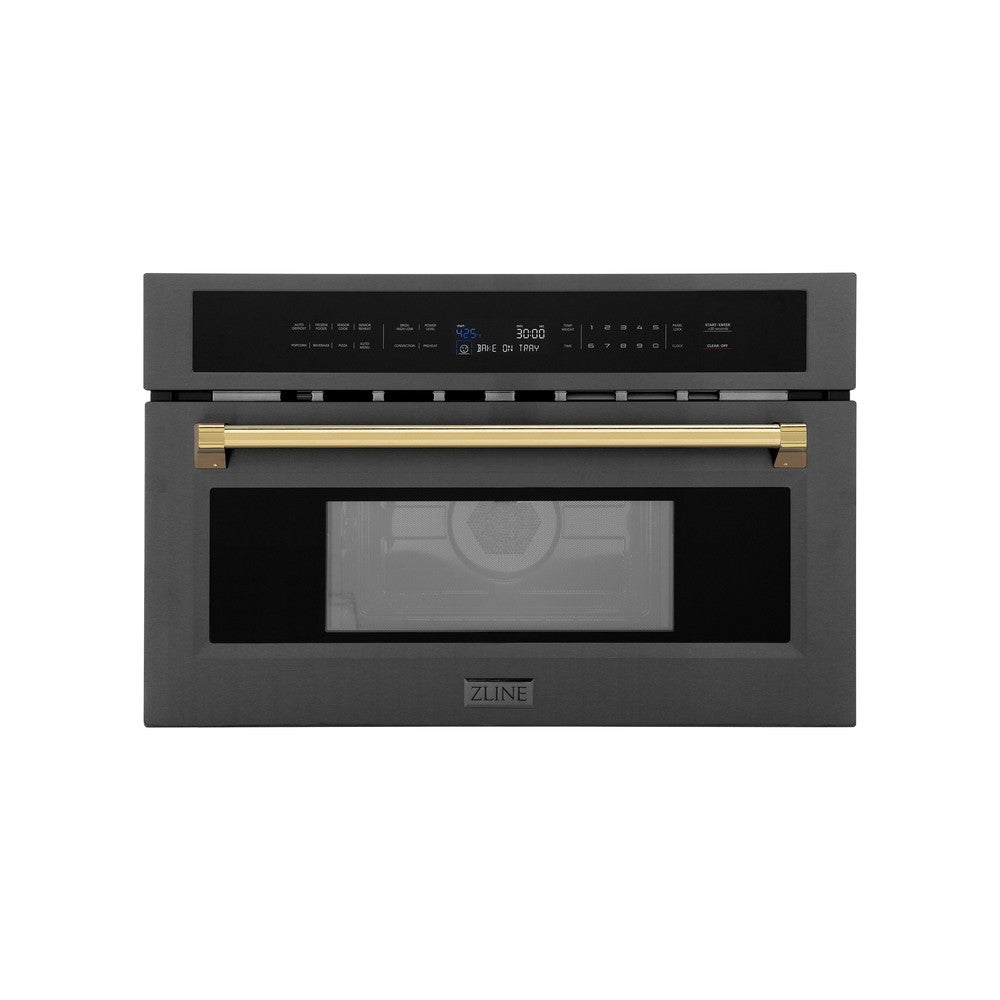 ZLINE Autograph Edition 30-inch microwave in black stainless steel and polished gold accents MWOZ-30-BS-G, view 4