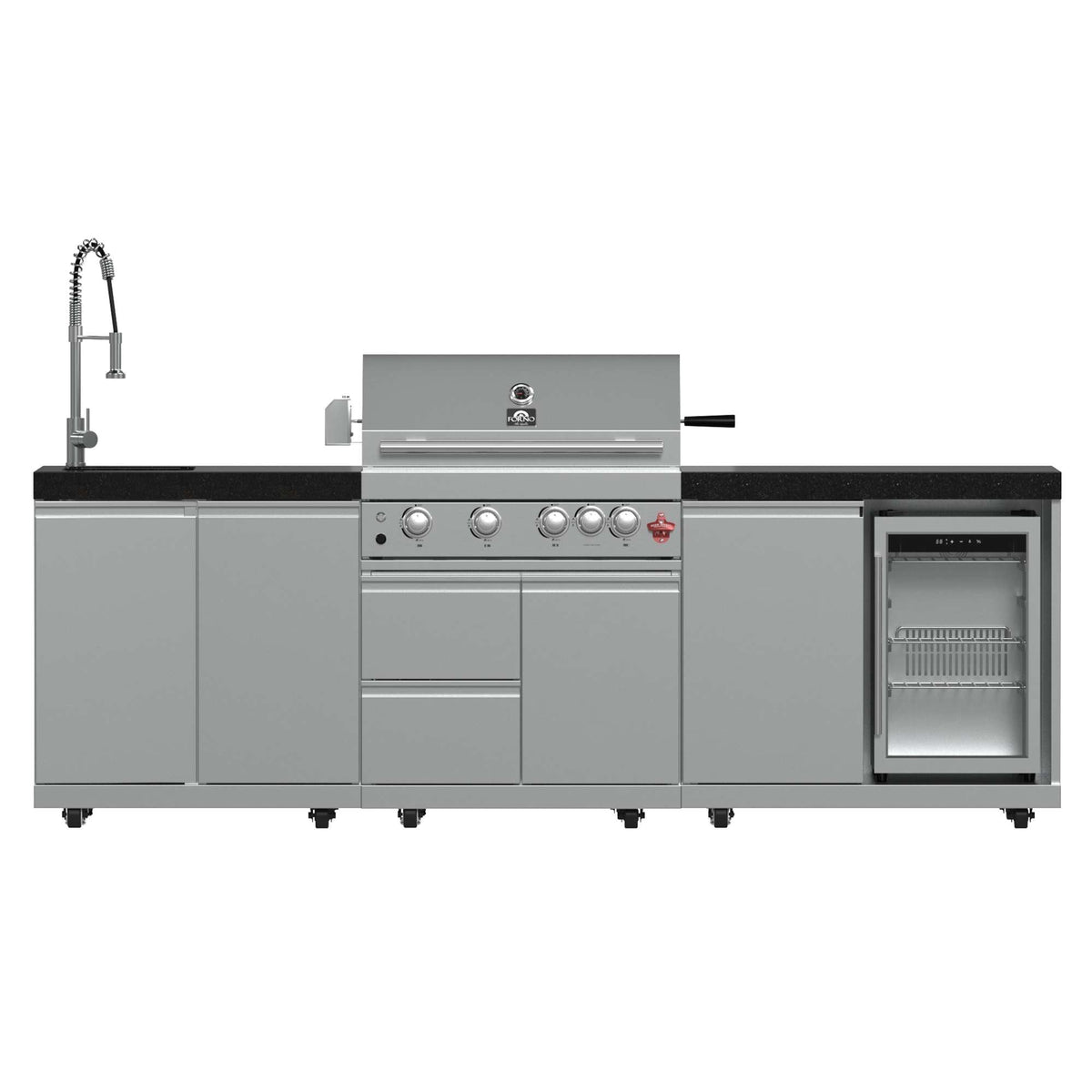 Forno Bulnes 30-Inch BBQ, 60,000 BTU, 3 Burners with Sear & Rotisserie Infrared Burners, Stainless Steel Outdoor Kitchen with 1.8 cu.ft. Beverage Center & Black Granite Countertops - FODKT2506BLK