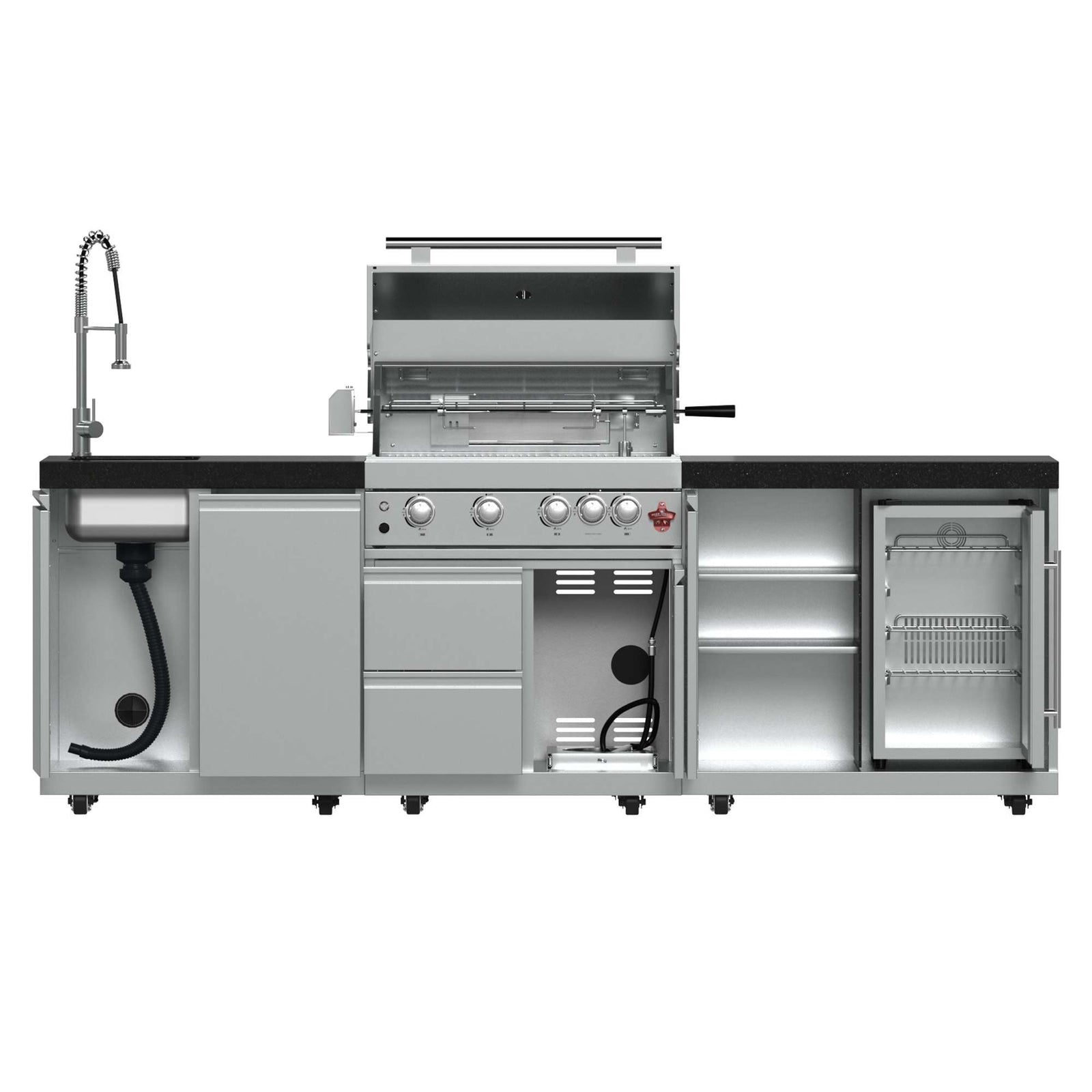Forno Bulnes 30-Inch BBQ, 60,000 BTU, 3 Burners with Sear & Rotisserie Infrared Burners, Stainless Steel Outdoor Kitchen with 1.8 cu.ft. Beverage Center & Black Granite Countertops - FODKT2506BLK