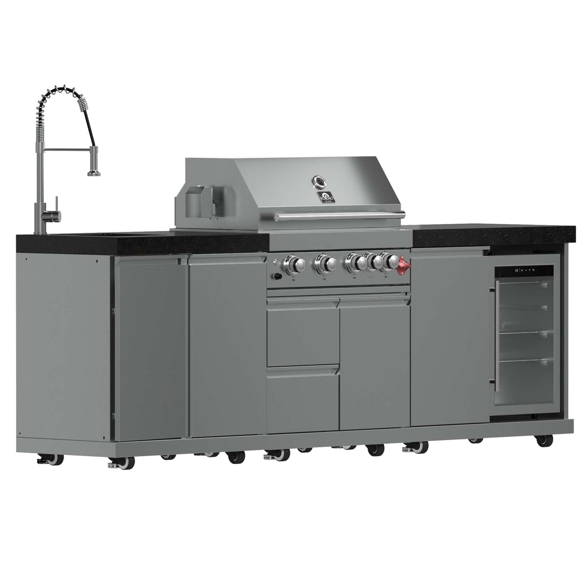 Forno Bulnes 30-Inch BBQ, 60,000 BTU, 3 Burners with Sear & Rotisserie Infrared Burners, Stainless Steel Outdoor Kitchen with 1.8 cu.ft. Beverage Center & Black Granite Countertops - FODKT2506BLK