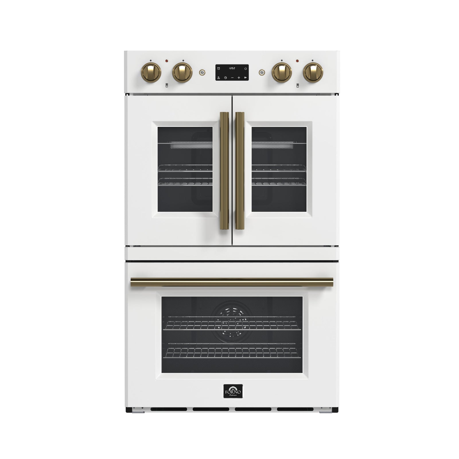 Forno Asti 30-Inch Double Electric Wall Oven with Upper French Doors in White & Antique Brass, 7.36 cu. ft. Dual True Convection, 7,200W, Air Fry, Sous Vide, Self-Clean - FBOEL1340-30WHT