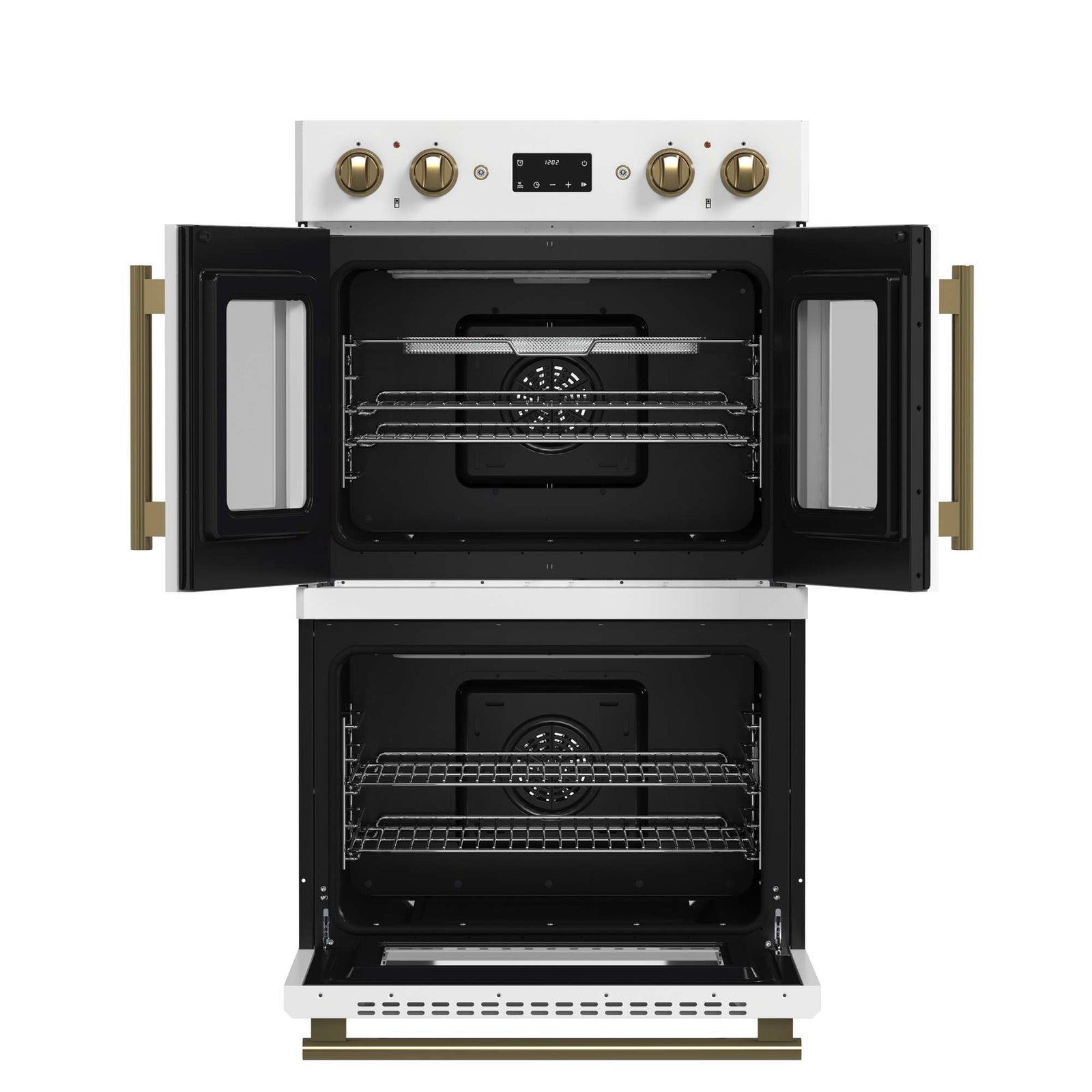 Forno Asti 30-Inch Double Electric Wall Oven with Upper French Doors in White & Antique Brass, 7.36 cu. ft. Dual True Convection, 7,200W, Air Fry, Sous Vide, Self-Clean - FBOEL1340-30WHT