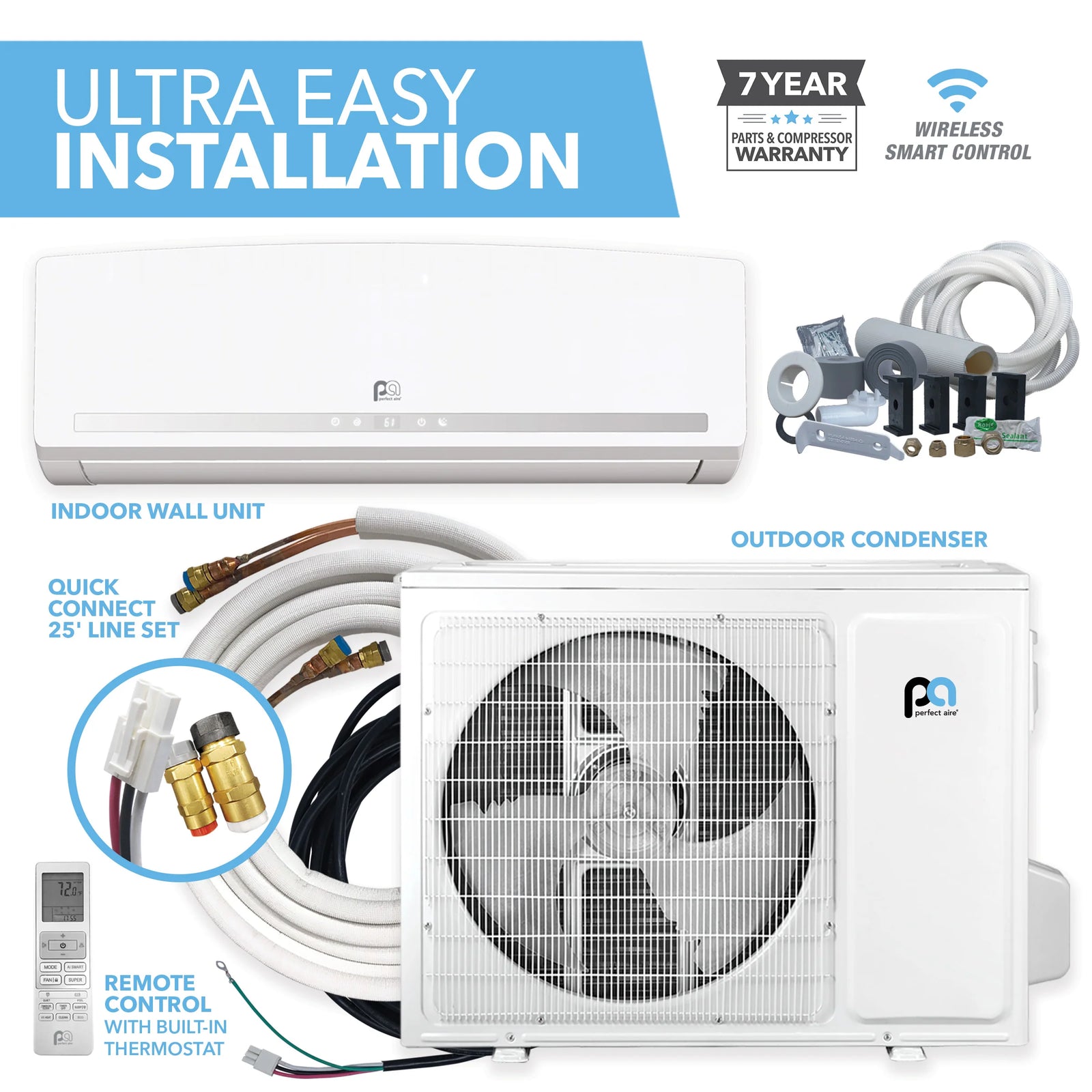 Perfect Aire DIY 4G 18,000 BTU 21 SEER2 Quick Connect Ductless Mini-Split Heat Pump w/ WiFi - 230V