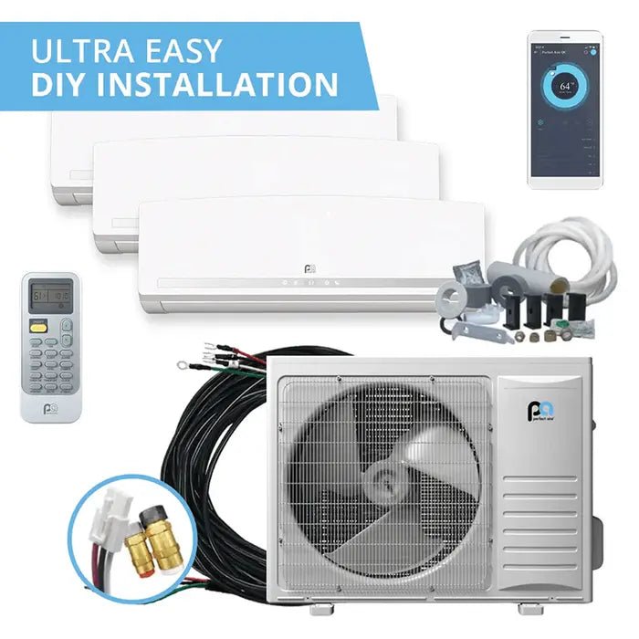 Perfect Aire DIY Multi-Zone 3 Zone 24,000 BTU (9K + 9K + 12K) Mini Split Air Conditioner Heat Pump System