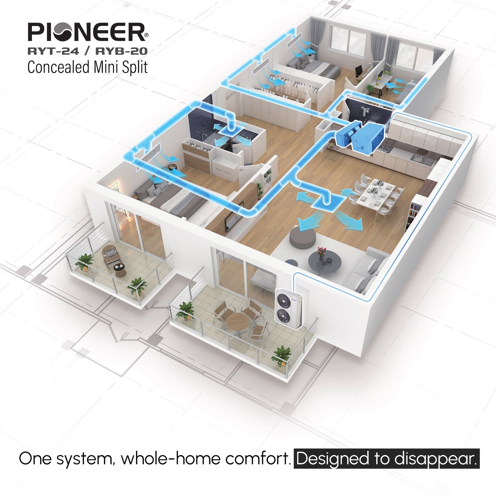 Pioneer® Quantum Ultra™ 48,000 BTU 17 SEER2 230V Slim-Duct Ceiling Concealed Mini-Split Air Conditioner Inverter Heat Pump Full Set
