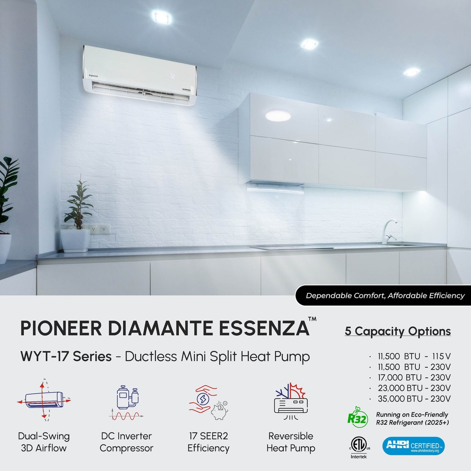 Pioneer® Diamante Essenza™ 23,000 BTU 17 SEER2 230V High-Wall Ductless Mini-Split Air Conditioner Inverter Heat Pump with 16 Ft. Kit