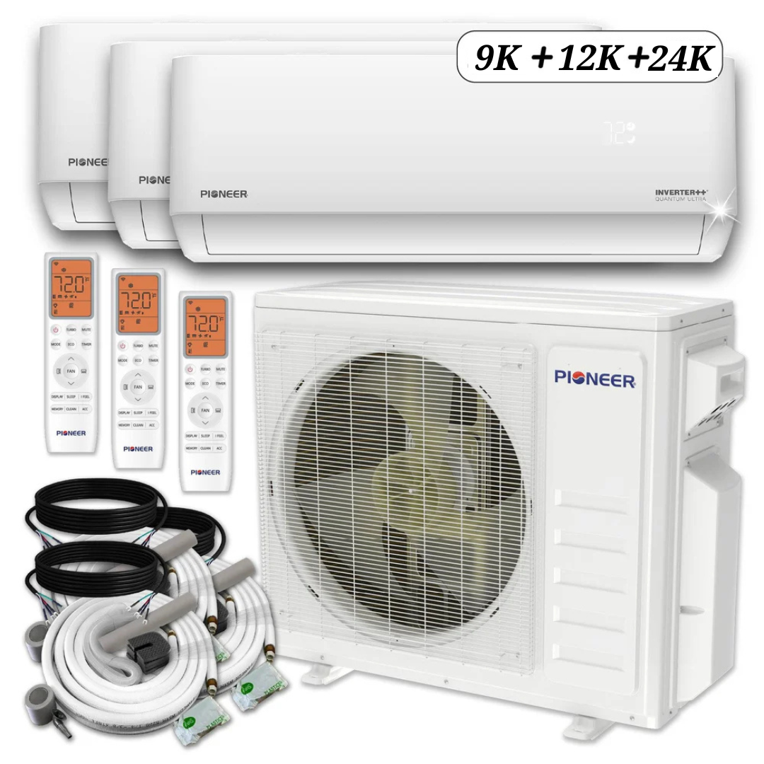 Pioneer 45,000 BTU (9K + 12K + 24K) 3-Ton Quantum Ultra Wi-Fi 22.5 SEER2 Energy-Star Multi 3-Zone Wall Mount Air Conditioner Heat Pump 230V