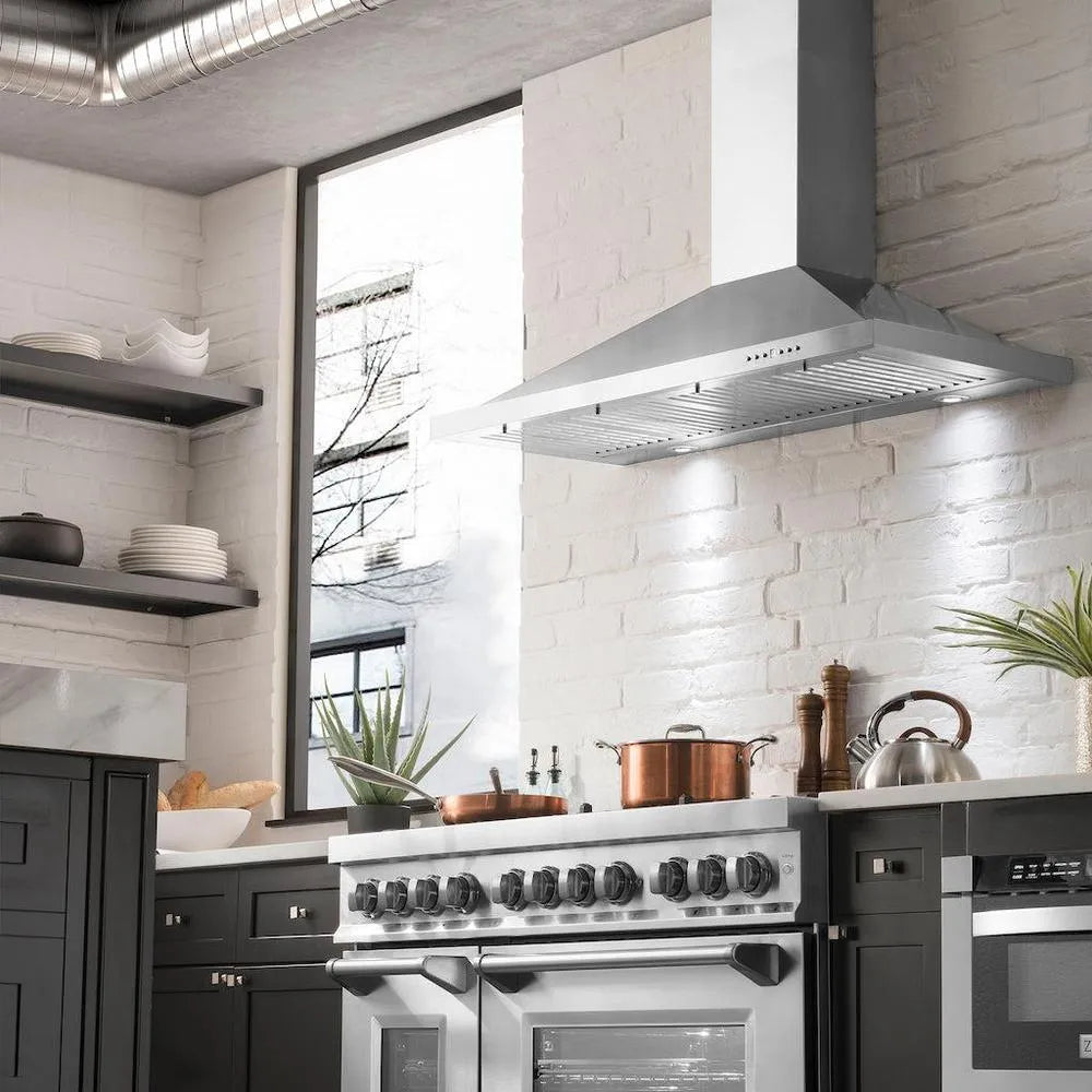 ZLINE KB-48 wall mount range hood installed above a ZLINE RA48 range