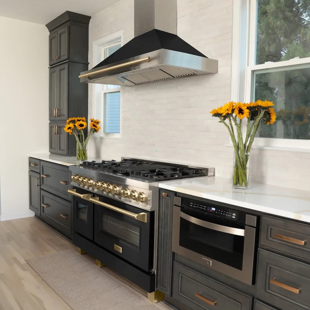 ZLINE Autograph Edition 48-inch range hood in satin stainless steel and champagne bronze accents KB4SNZ-BLM48-CB, view 2