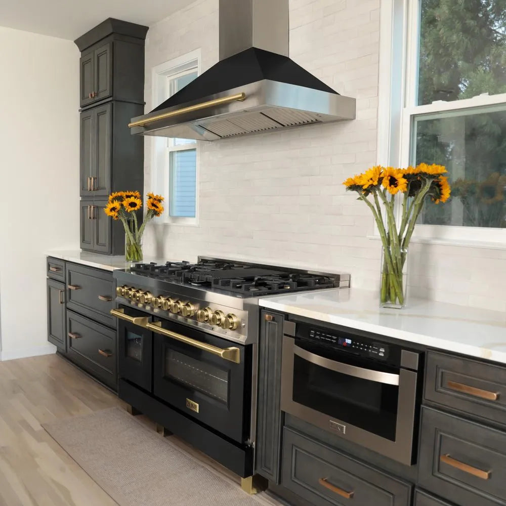 ZLINE Autograph Edition 48-inch range hood in black matte and polished gold accents KB4STZ-BLM48-G, view 2