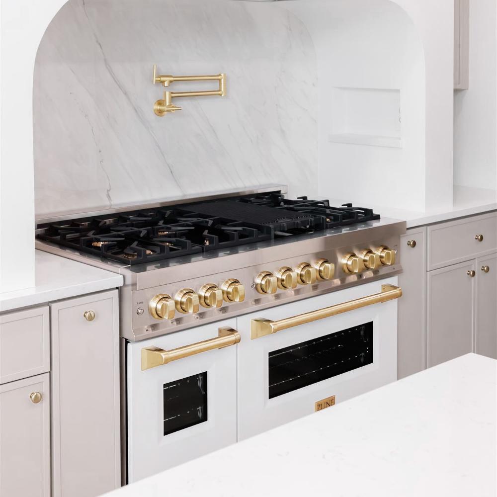 ZLINE Autograph Edition Legacy 48-inch range in stainless steel with white matte door and polished gold accents RAZ-WM-48-G, view 2