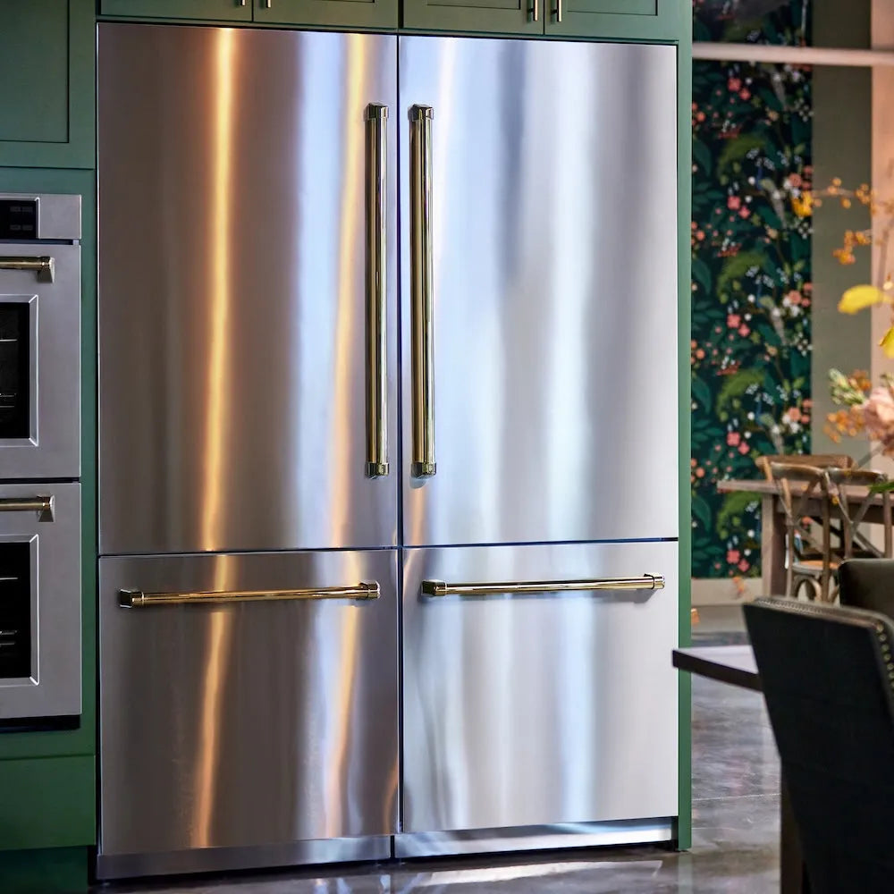 ZLINE Autograph Edition 60-inch refrigerator in stainless steel with bright white interior and polished gold accents RBIVZ-304-60-G, view 2