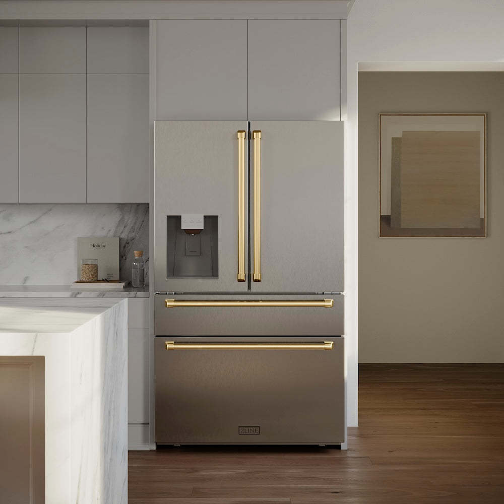 ZLINE Autograph Edition 36-inch refrigerator in fingerprint-resistant stainless steel with bright white interior and polished gold accents RFMZ-W-36-G, front view