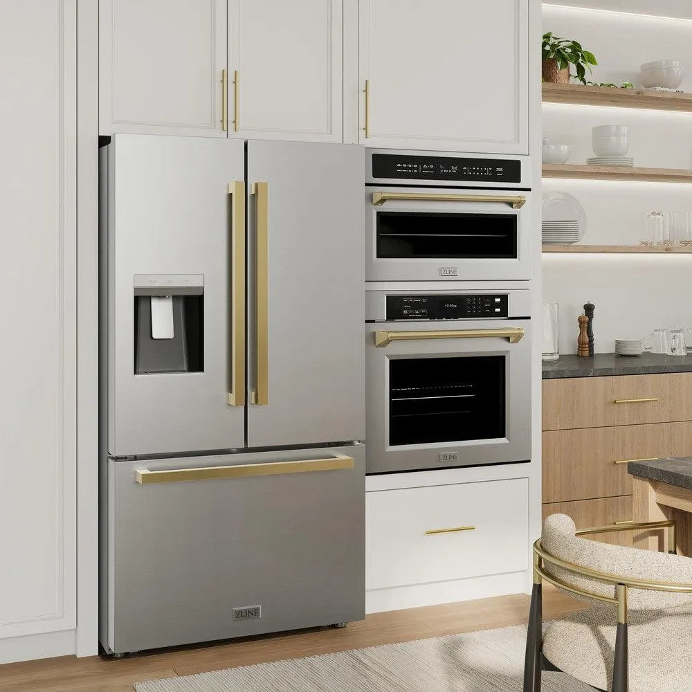 ZLINE Autograph Edition 36-inch refrigerator in fingerprint-resistant stainless steel with bright white interior and polished gold accents RSMZ-W-36-FG, view 2