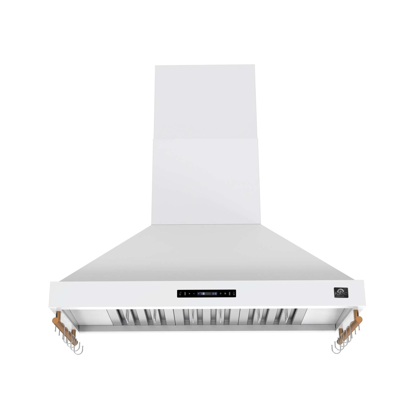 Forno Venezia 48 Inch Wall-Mounted Range Hood in White with Antique Brass Accessories, Touch Controls and Baffle Filters - FRHWM5503-48WHT