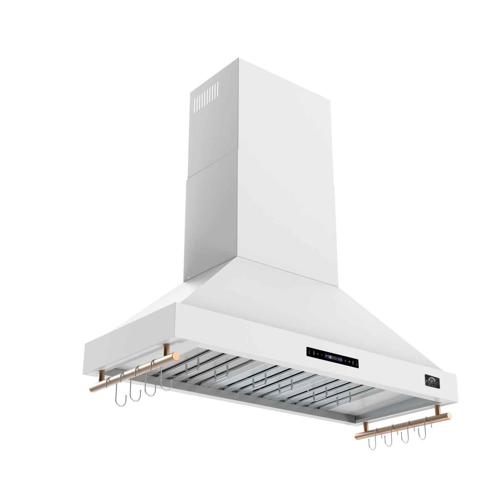 Forno Venezia 48 Inch Wall-Mounted Range Hood in White with Antique Brass Accessories, Touch Controls and Baffle Filters - FRHWM5503-48WHT