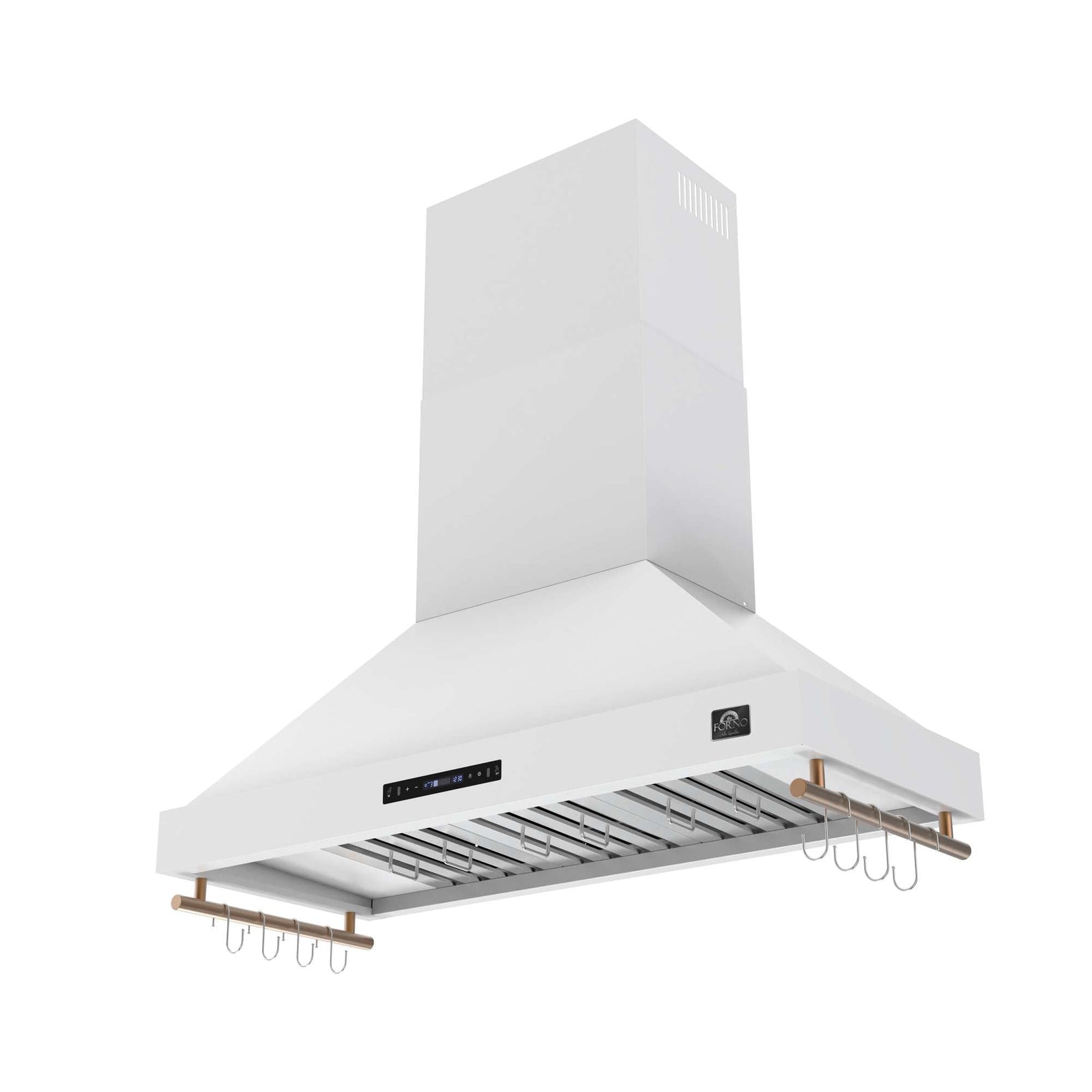 Forno Venezia 48 Inch Wall-Mounted Range Hood in White with Antique Brass Accessories, Touch Controls and Baffle Filters - FRHWM5503-48WHT