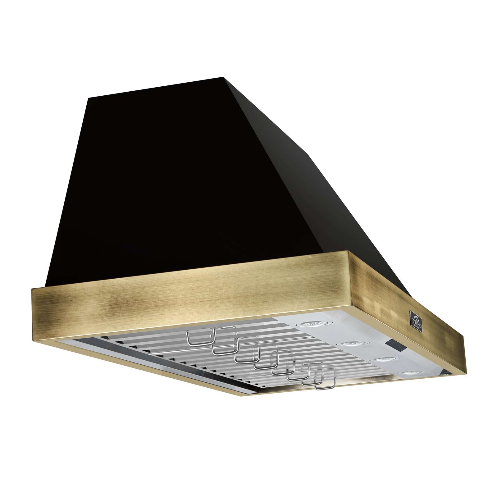 Forno Vittorio 48-Inch Wall Mount Range Hood, Black with Antique Brass Trim, 424 CFM Airflow, Dishwasher-Safe Baffle Filters, Remote Control, 3-Speed Fan, Bright LED Lighting. - FRHWM5078-48BLK
