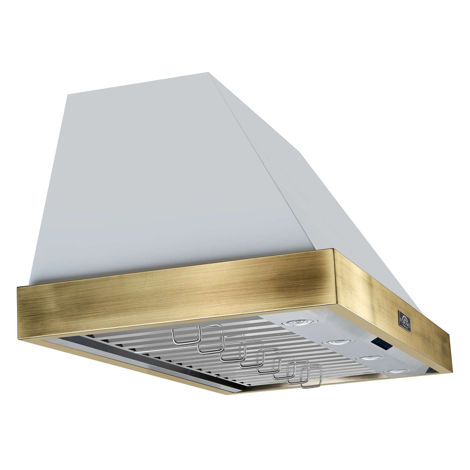 Forno Vittorio 48-Inch Wall Mount Range Hood, White with Antique Brass Trim, 424 CFM Airflow, Dishwasher-Safe Baffle Filters, Remote Control, 3-Speed Fan, Bright LED Lighting - FRHWM5078-48WHT
