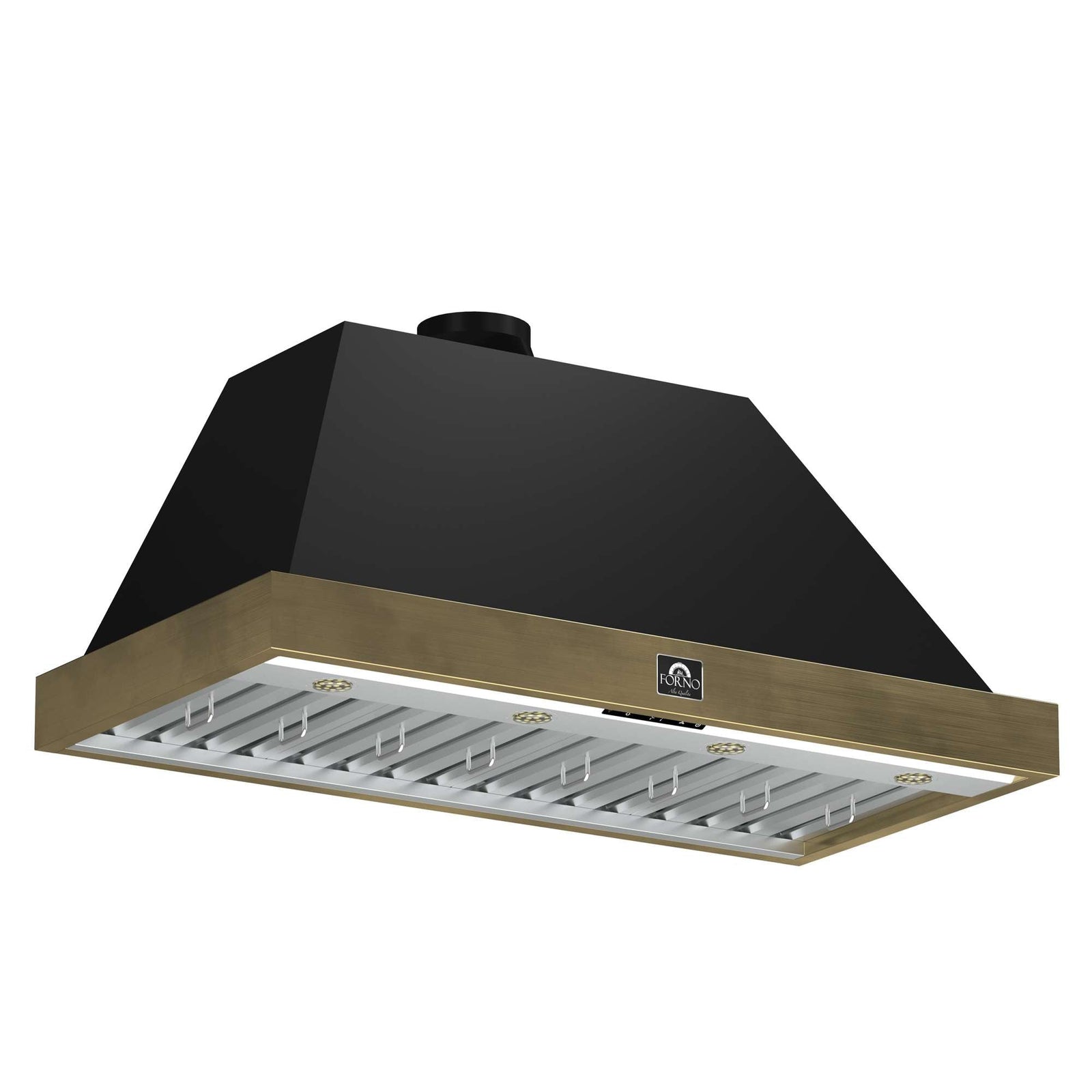Forno Vittorio 48-Inch Wall Mount Range Hood, Black with Antique Brass Trim, 424 CFM Airflow, Dishwasher-Safe Baffle Filters, Remote Control, 3-Speed Fan, Bright LED Lighting. - FRHWM5078-48BLK