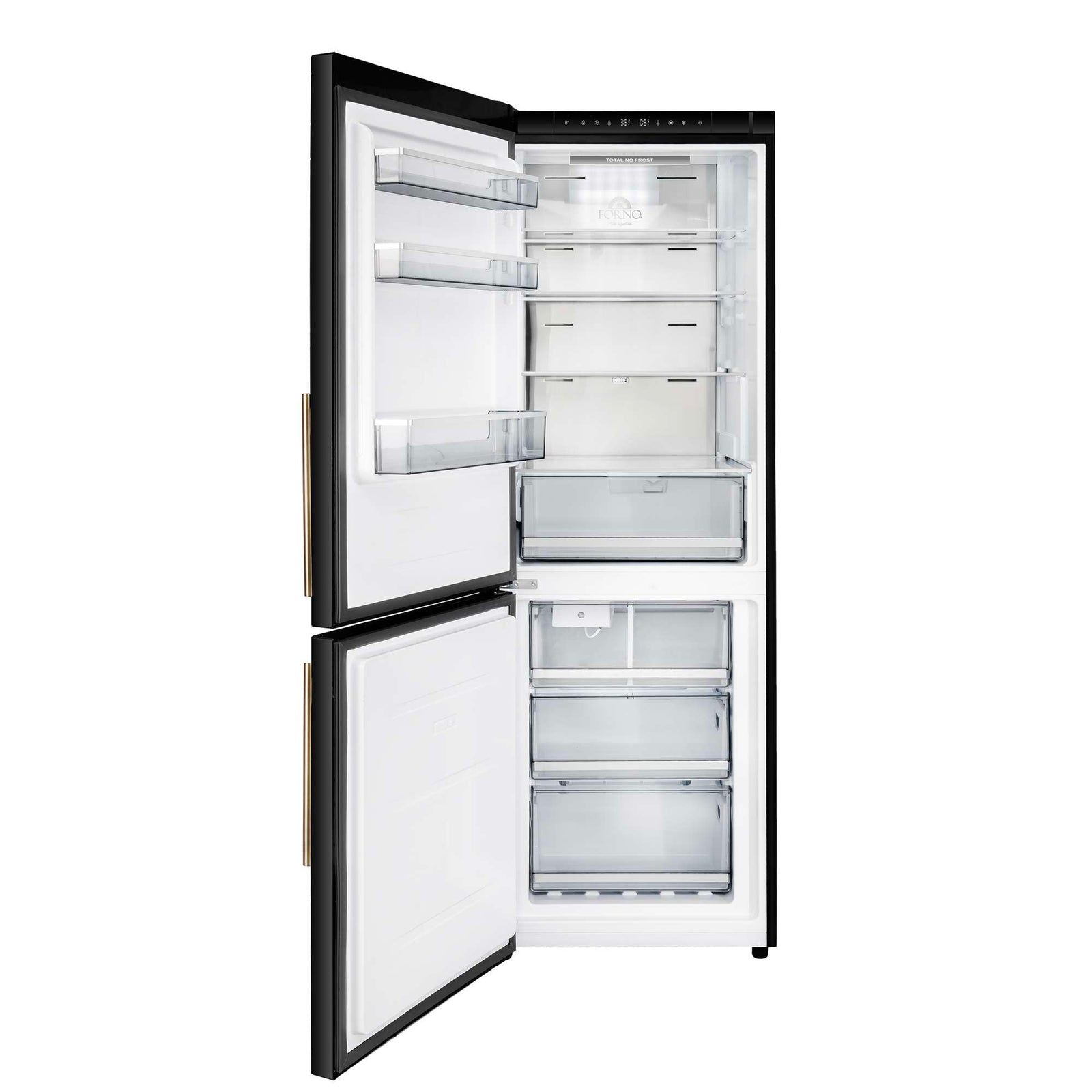 Forno Custodia 24" Bottom Freezer, 10.3 cf., Left Swing, Ice Maker, Total No frost, Black, Antique Brass handles - FFFFD1766-24BLK-LS
