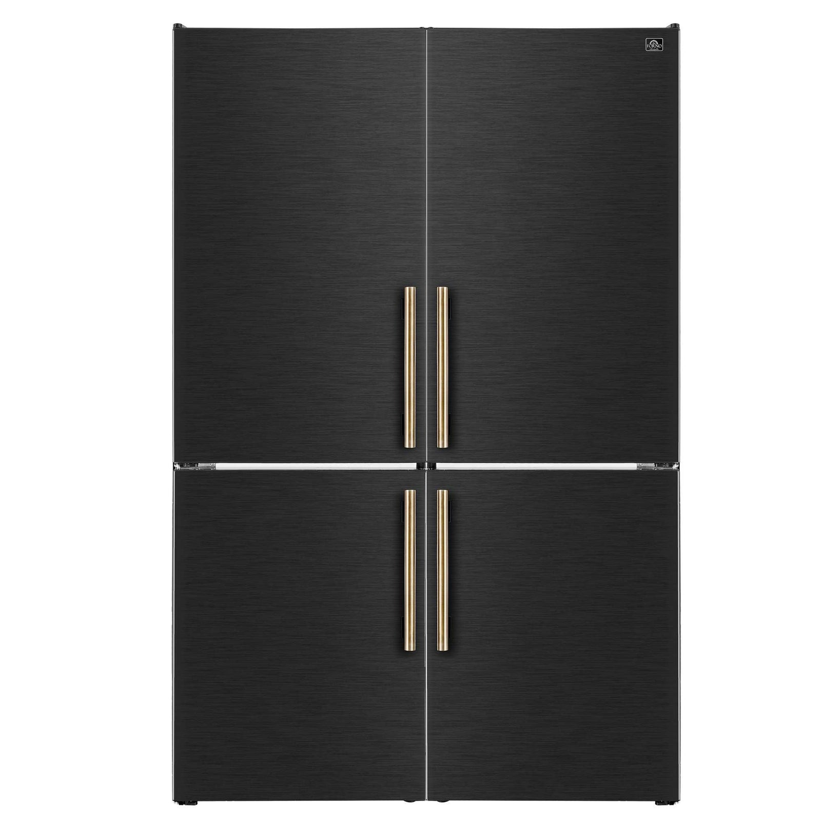 Forno Custodia 48" Bottom Freezer combo, 20.6 cf., Ice Maker, Total No frost, Black, Antique Brass handles - FFFFD1766-48BLK