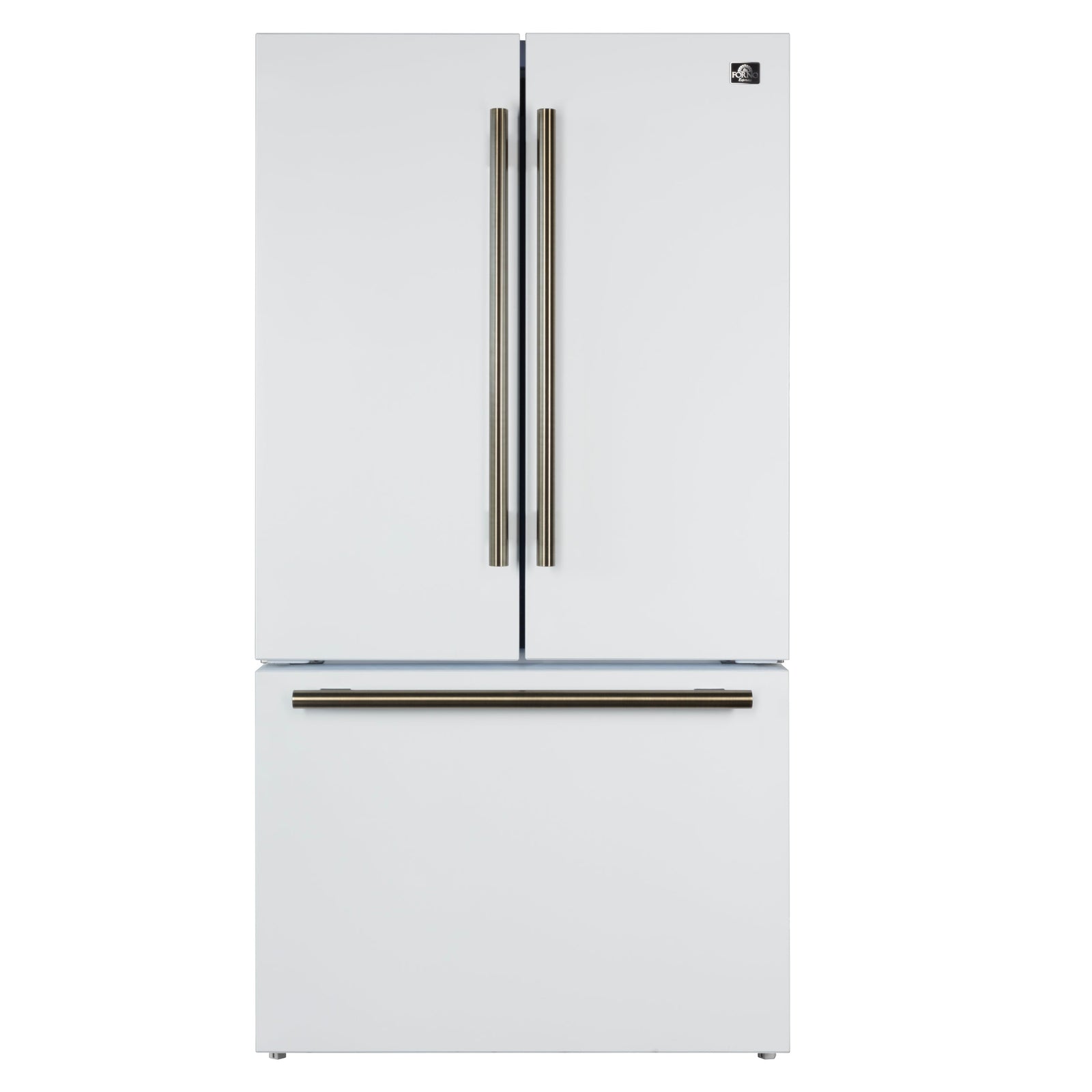 Forno Rivello 36 Inch French Door Refrigerator in White with Antique Brass, Internal Water Dispenser, Filtered Ice, Adjustable Shelves, Energy Star Certified - FFFFD1783-36WHT