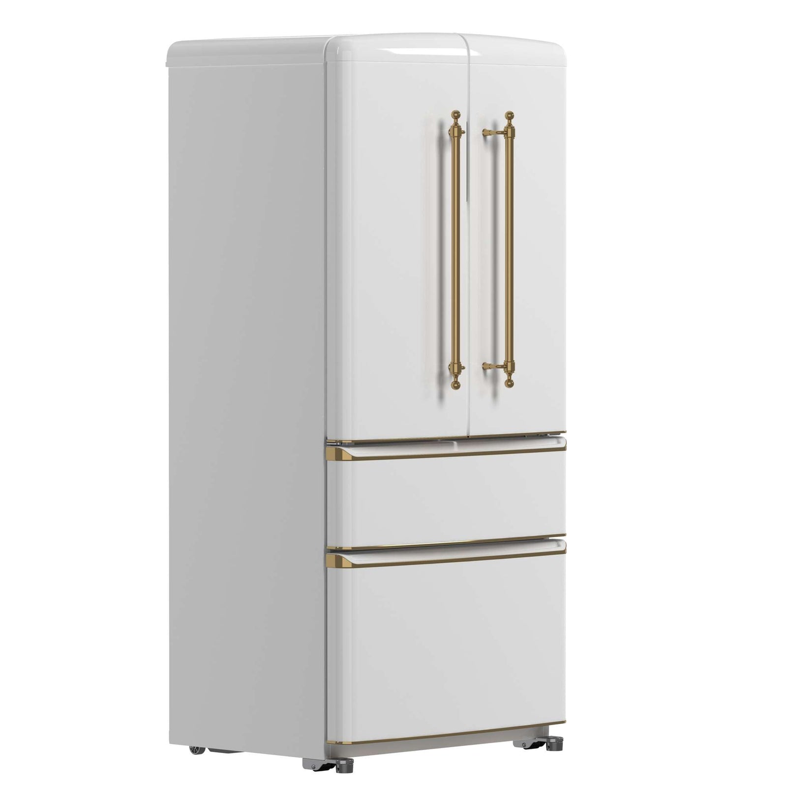 Forno Luigi 33-Inch French Door Refrigerator, 18 cu.ft, White Finish, Antique Brass Handles, ENERGY STAR Certified - FFFFD1791-33WHT