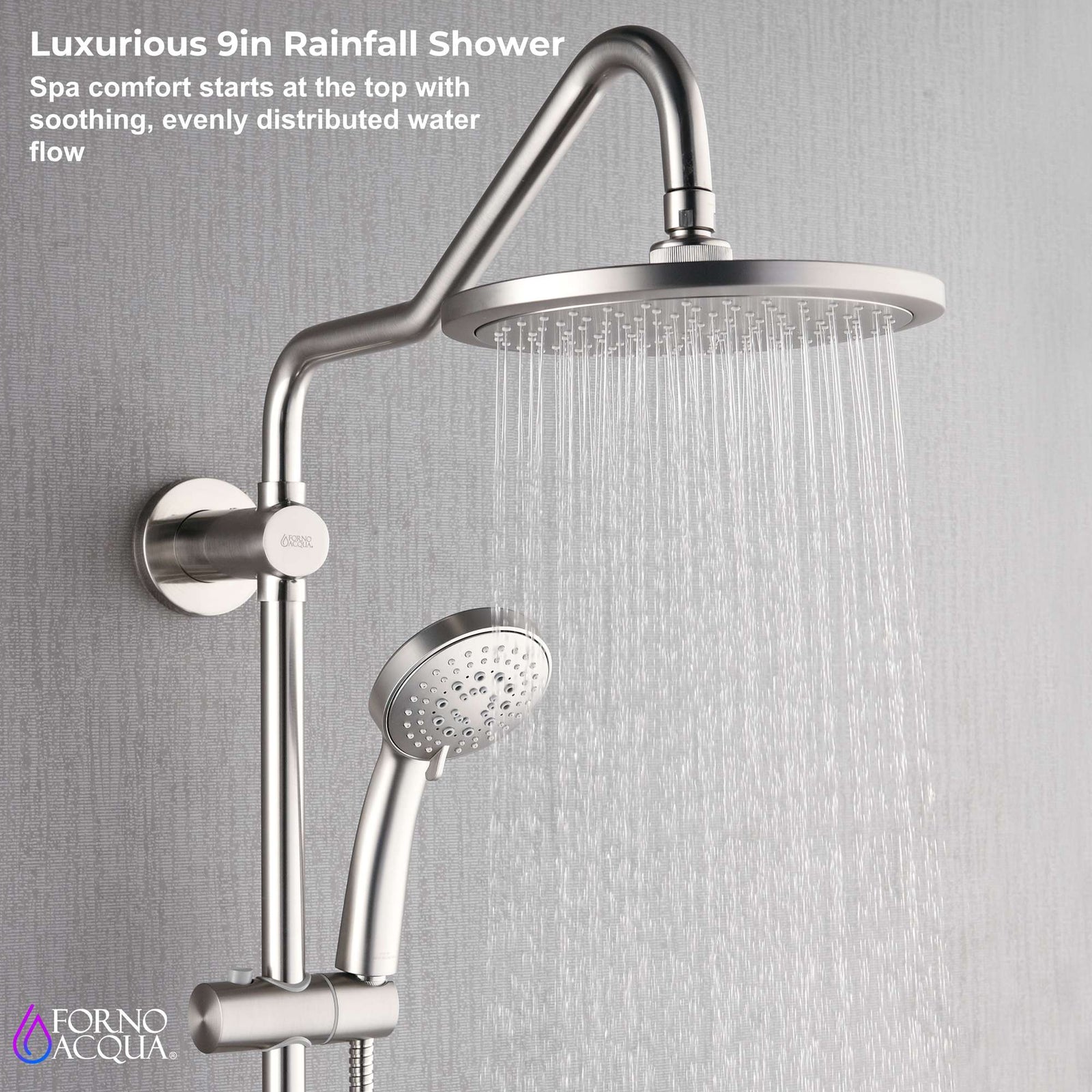 Forno Acqua AcquaSPA Retrofit Shower, Overhead Rainfall Shower, Handheld Shower Head, Body Jets, 6 Way Diverter, Brushed Nickel Finish, 2.5 GPM Flow Rate - SC31BN-C2