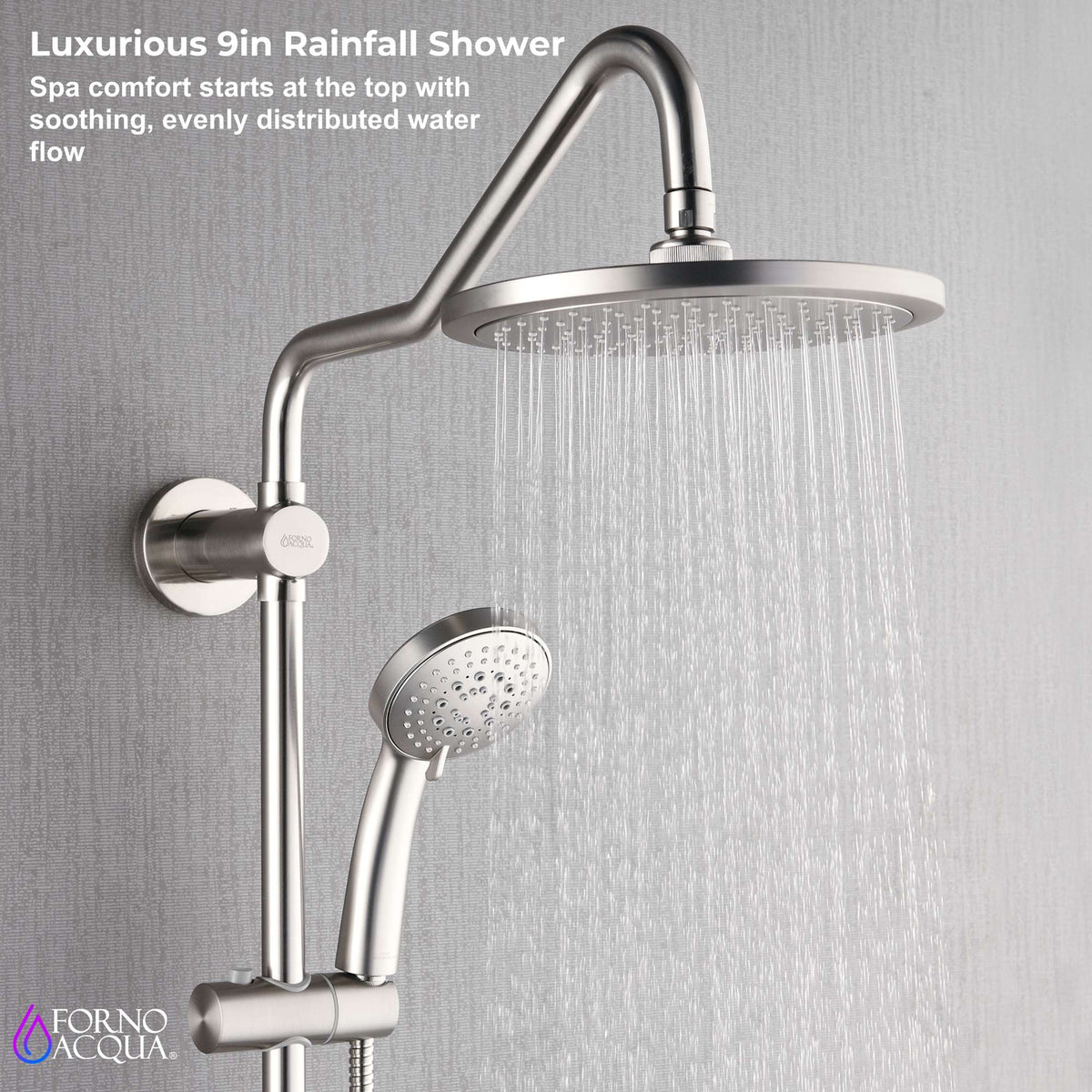 Forno Acqua AcquaSPA Retrofit Shower, Overhead Rainfall Shower, Handheld Shower Head, Body Jets, 6 Way Diverter, Brushed Nickel Finish, 1.8 GPM Flow Rate - SC31BN-C8
