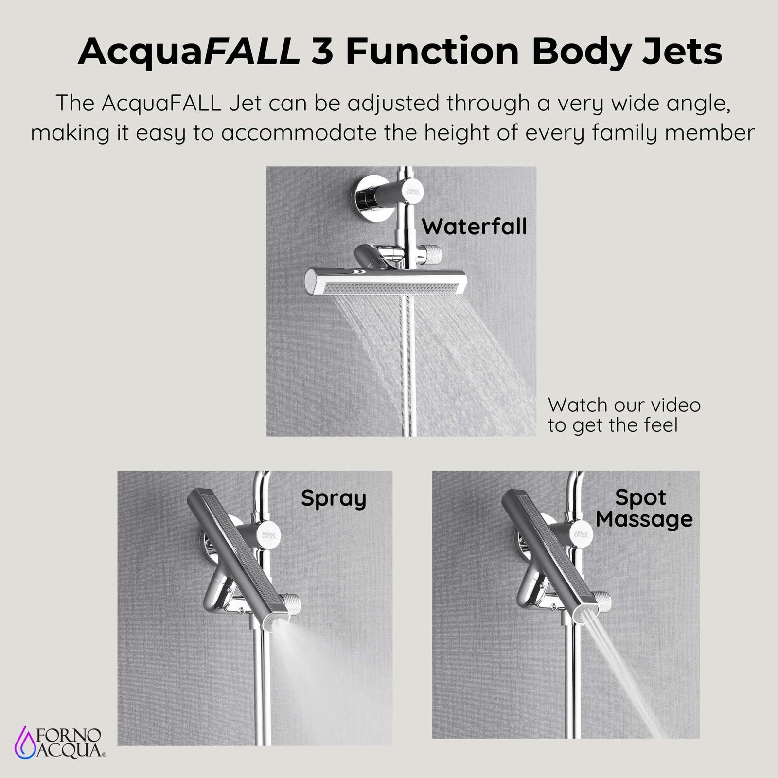 Forno Acqua AcquaFALL Shower, Polished Stainless Steel Finish, Overhead Rainfall Shower, Handheld Shower Head, Body Jets, 1.8 GPM Flow Rate - SCW1CP-S8