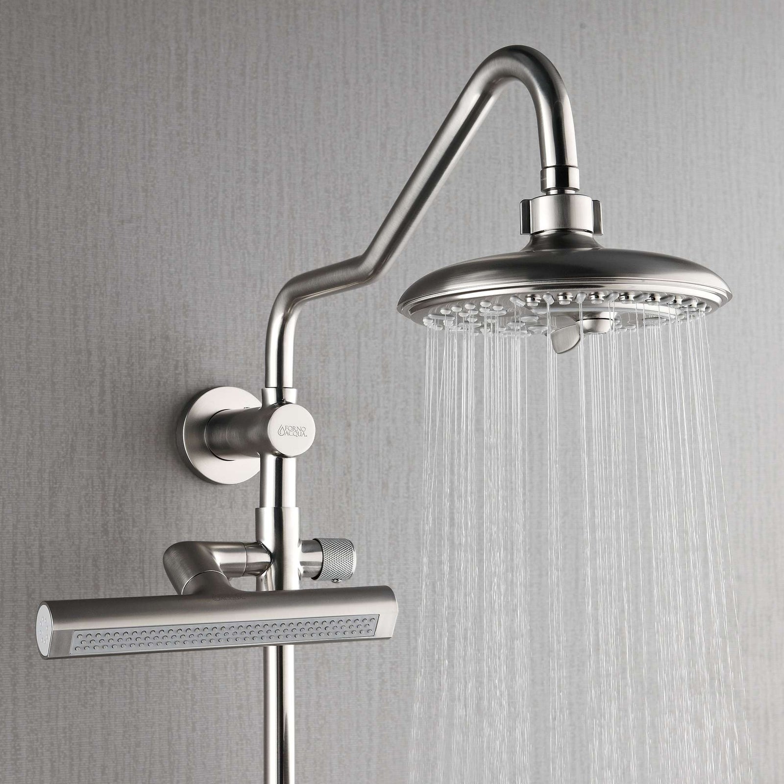 Forno Acqua AcquaFALL Shower, Brushed Nickel Finish, Overhead Rainfall Shower, 7 Way Diverter, Handheld Shower Head, Body Jets, 2.5 GPM Flow Rate - SCW2BN-C2