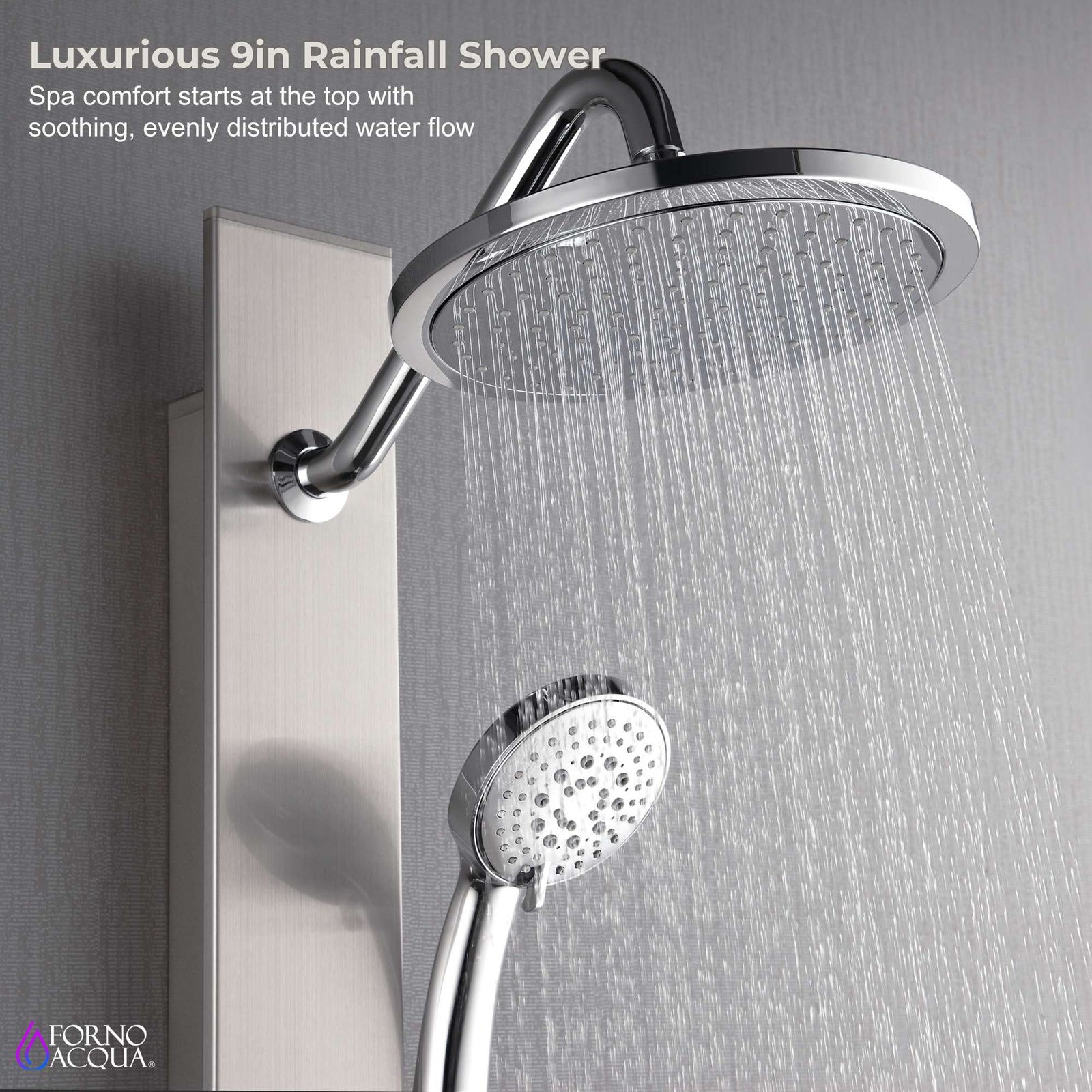 Forno Acqua AcquaSPA Shower Panel in Stainless Steel, Overhead Rainfall Shower, Handheld Shower Head, Body Jets, 6 Way Diverter, 2.5 GPM Flow Rate - SL31BC-2