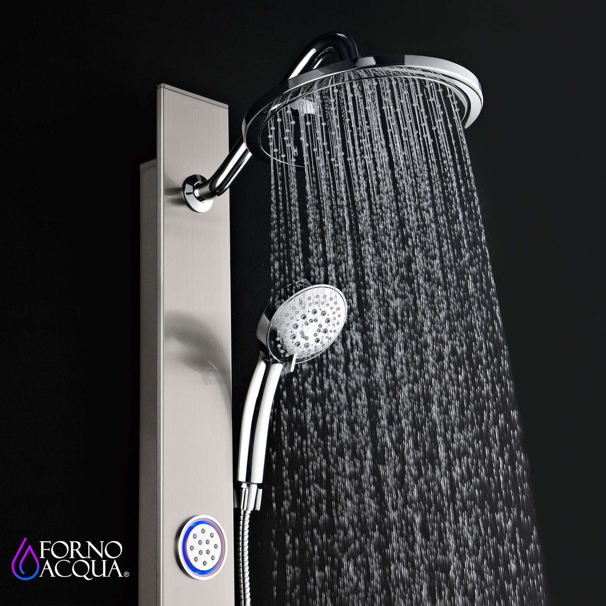 Forno Acqua AcquaSPA Shower Panel with SensoTemp, Stainless Steel, Overhead Rainfall Shower, Handheld Shower Head, Body Jets, 1.8 GPM Flow Rate - SL31BC-L8