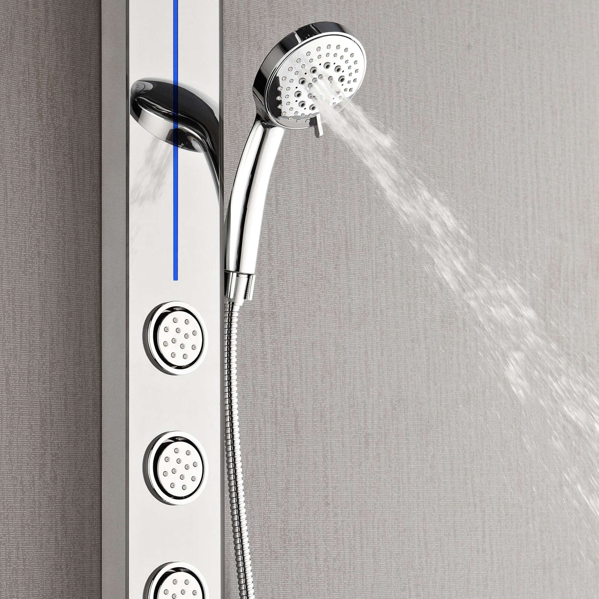 Forno Acqua AcquaSPA Shower Panel with SensoTEMP, Mirrored Stainless Steel Finish, Overhead Rainfall Shower, Handheld Shower Head, Body Jets, 1.8 GPM Flow Rate - SL31MC-L8