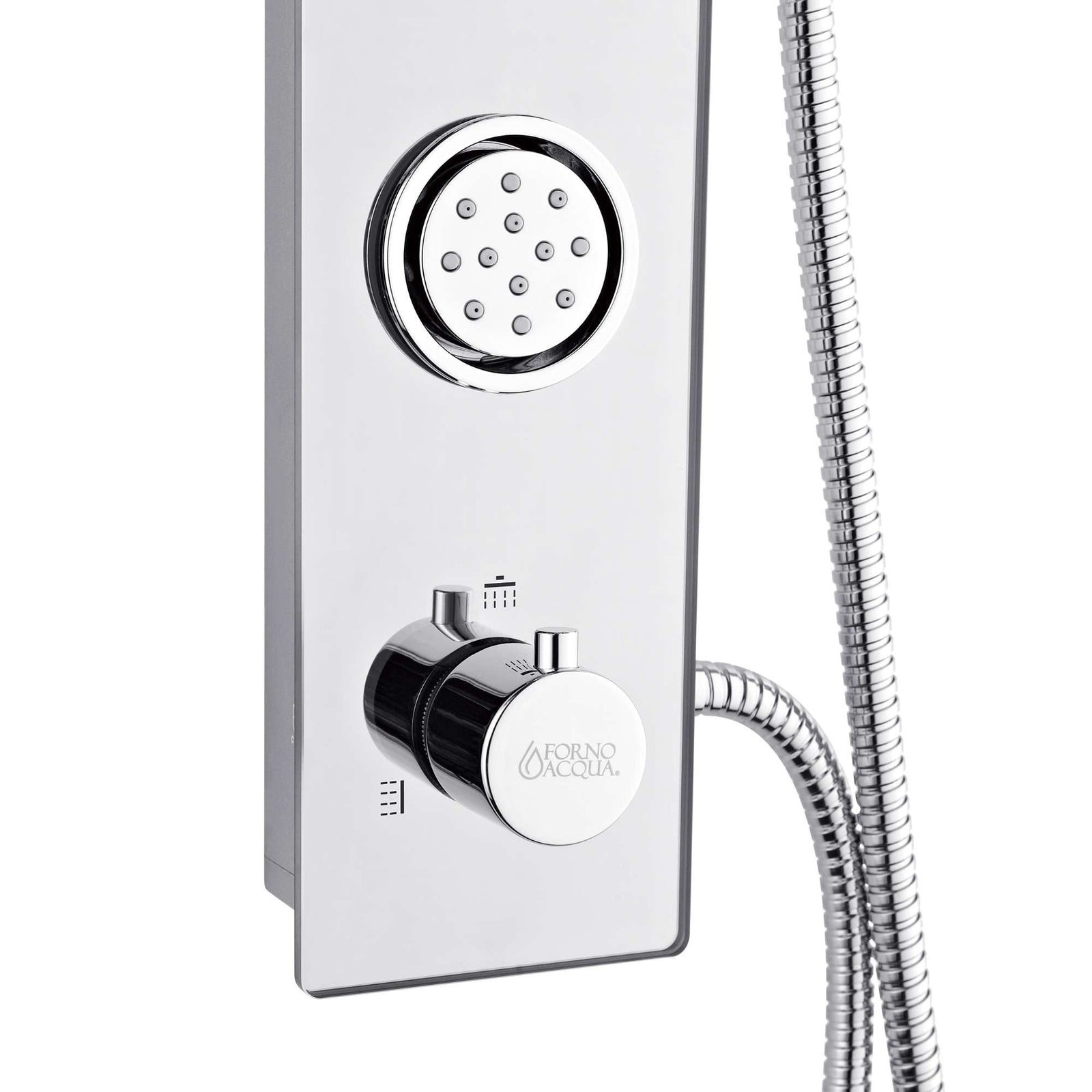Forno Acqua AcquaSPA Shower Panel with SensoTEMP, Mirrored Stainless Steel Finish, Overhead Rainfall Shower, Handheld Shower Head, Body Jets, 2.5 GPM Flow Rate - SL31MC-L2